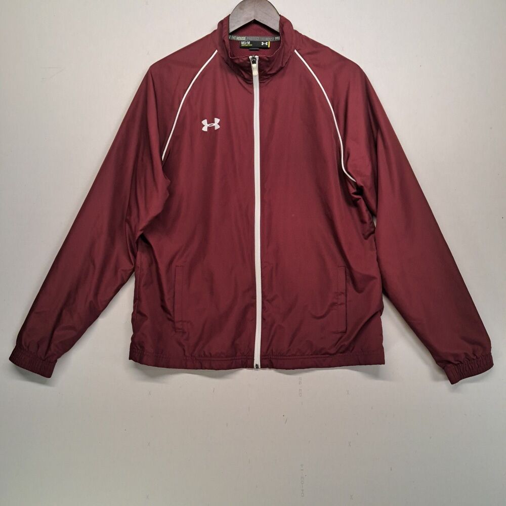 Under Armour Medium Full Zip Jacket Windbreaker Maroon White Trim Warm Up Gym